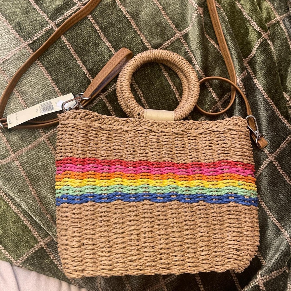 Tan and Red Crossbody Bag with Adjustable Strap